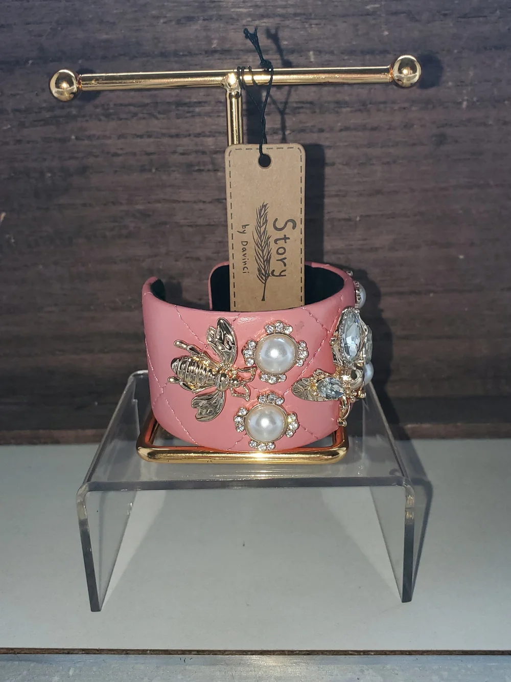 Pink Quilted Cuff Bracelet with Gold & Pearl Embellishments